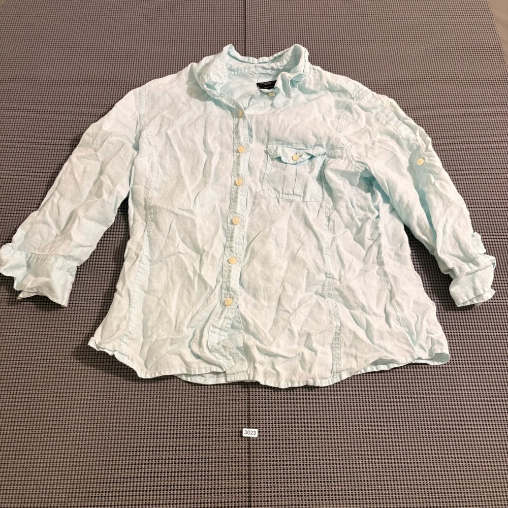 Talbots Womens L Light Blue Pure Irish Linen Roll Tab Button Down Shirt